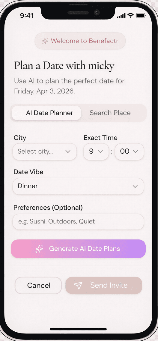 AI Date Planner showing city, time, and vibe selection