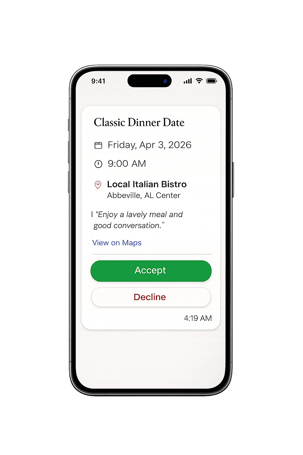 Date invite card showing Classic Dinner Date with Accept and Decline buttons