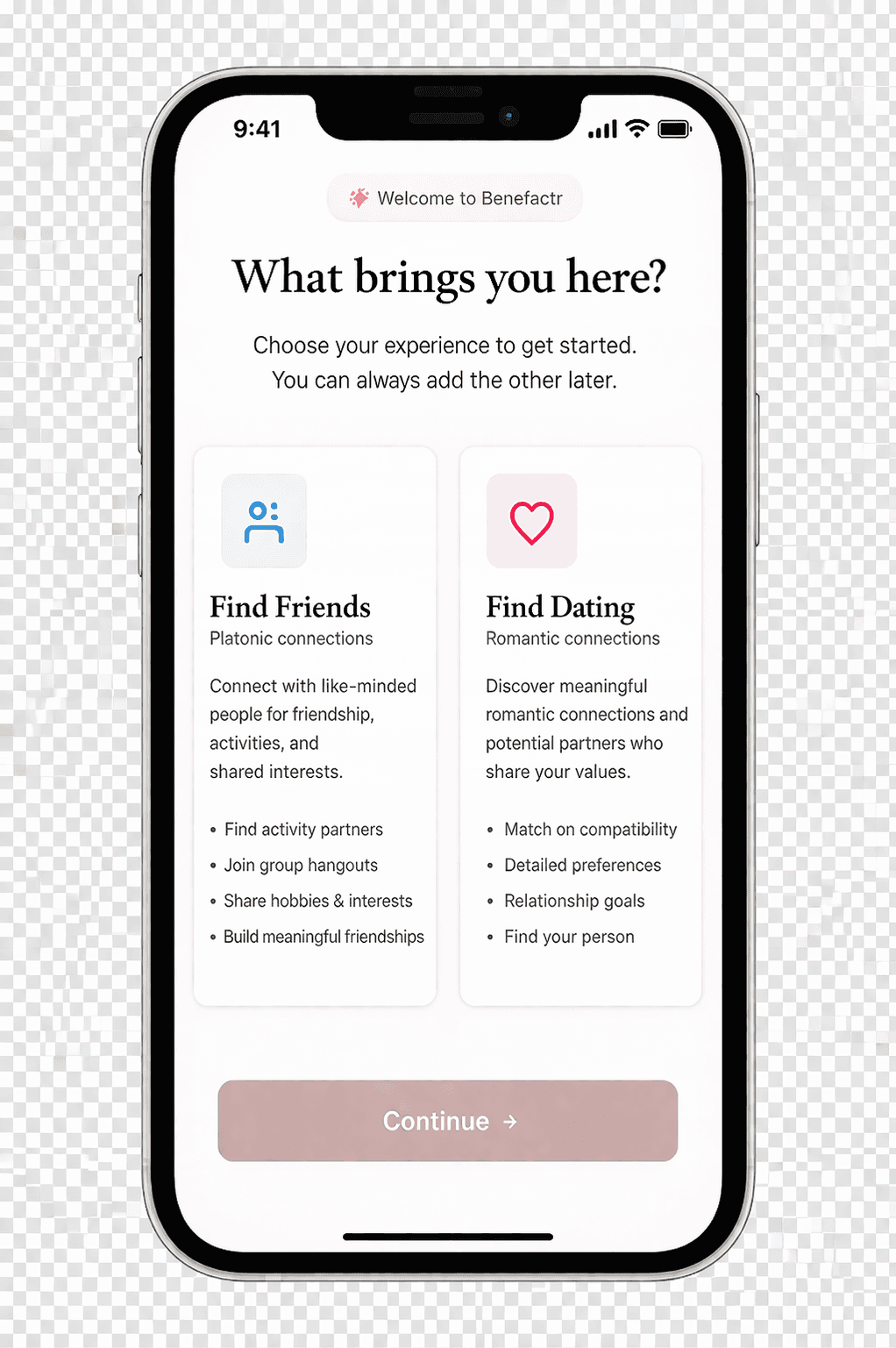 Choose between Find Friends and Find Dating modes on Benefactr